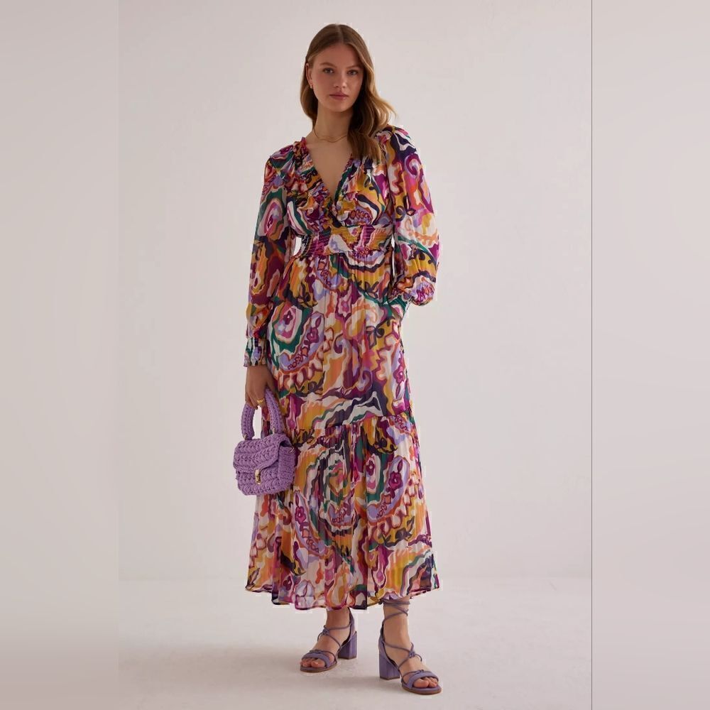 Anthropologie Odetta Ruffle V-Neck Long Sleeve Midi Dress NWT